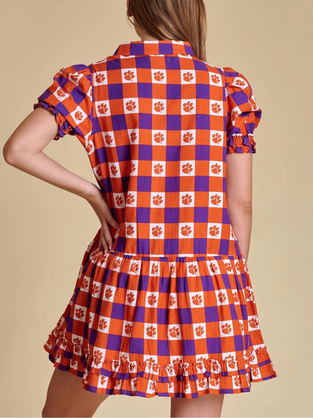 Clemson Tigers The Go Gingham Ruffle Dress Linen Cotton Blend XL NWT $169 - Picture 2 of 9